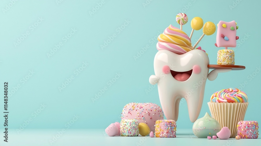 Poster cartoon 3d animation of a tooth character dressed as a candy maker holding a tray of various colorfu