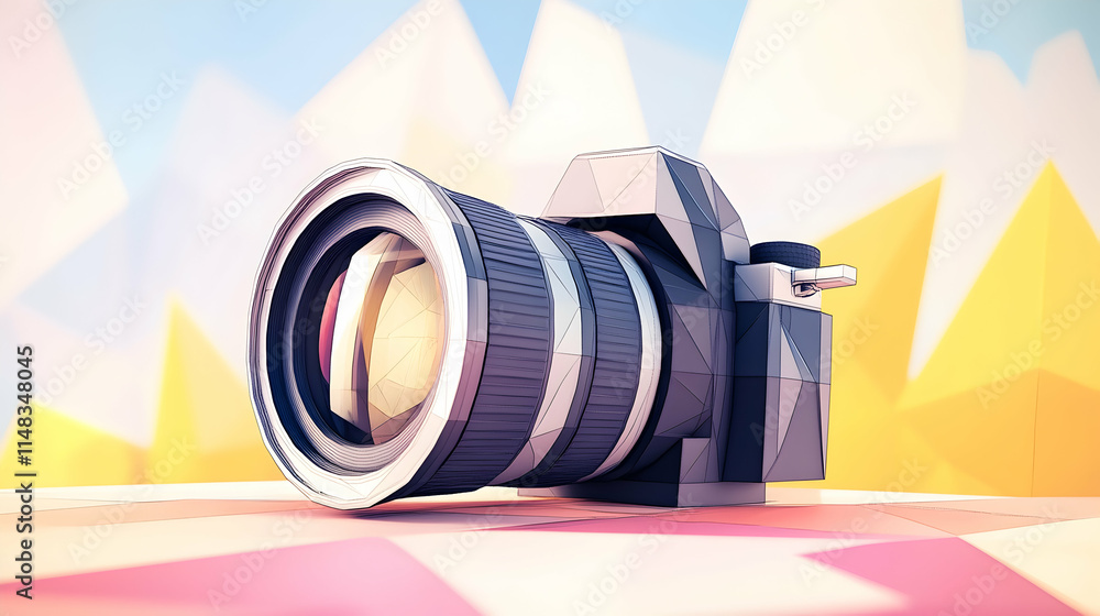 Poster polygon camera on a patterned surface with geometric mountains background, for arts or technology re