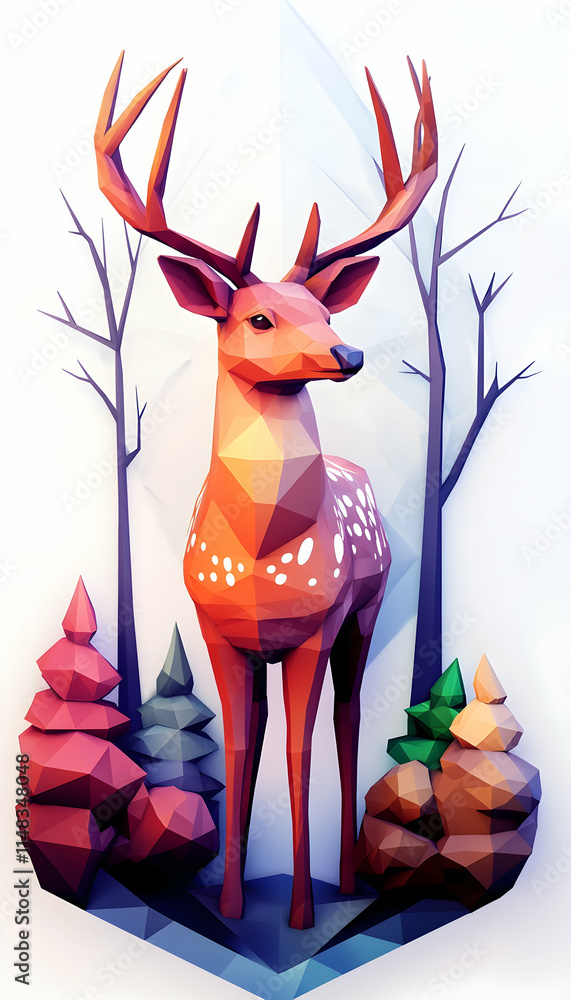 Poster polygon deer stands in front of bare trees with other trees & rocks, vector image for decorative or 