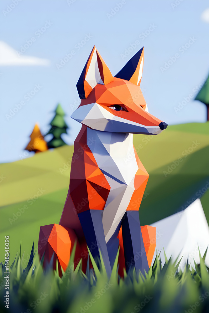 Poster polygon fox sits in grass, trees and clouds in background, suitable for a graphic design project.