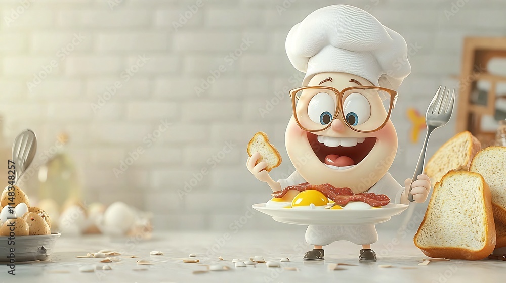 Poster cheerful 3d cartoon animation of a tooth character serving as a breakfast chef presenting a delectab