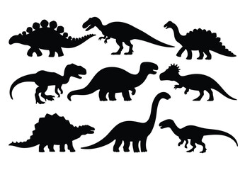 Vector set of isolated dinosaur silhouettes. Includes various prehistoric species in a simple black design.