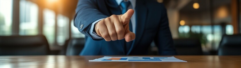 Obraz premium A businessman in a blue suit is pointing towards an air quality chart laid on a conference room table, highlighting potential health risks The chart shows data about pollutants This image emphasizes