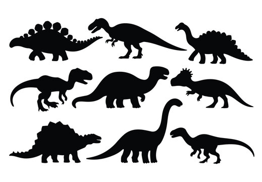 Vector set of isolated dinosaur silhouettes. Includes various prehistoric species in a simple black design.