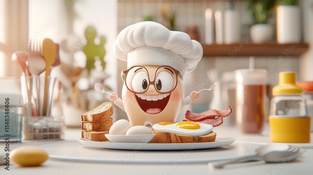 Poster cheerful animated 3d cartoon tooth character depicted as a chef happily holding a plate with a delic