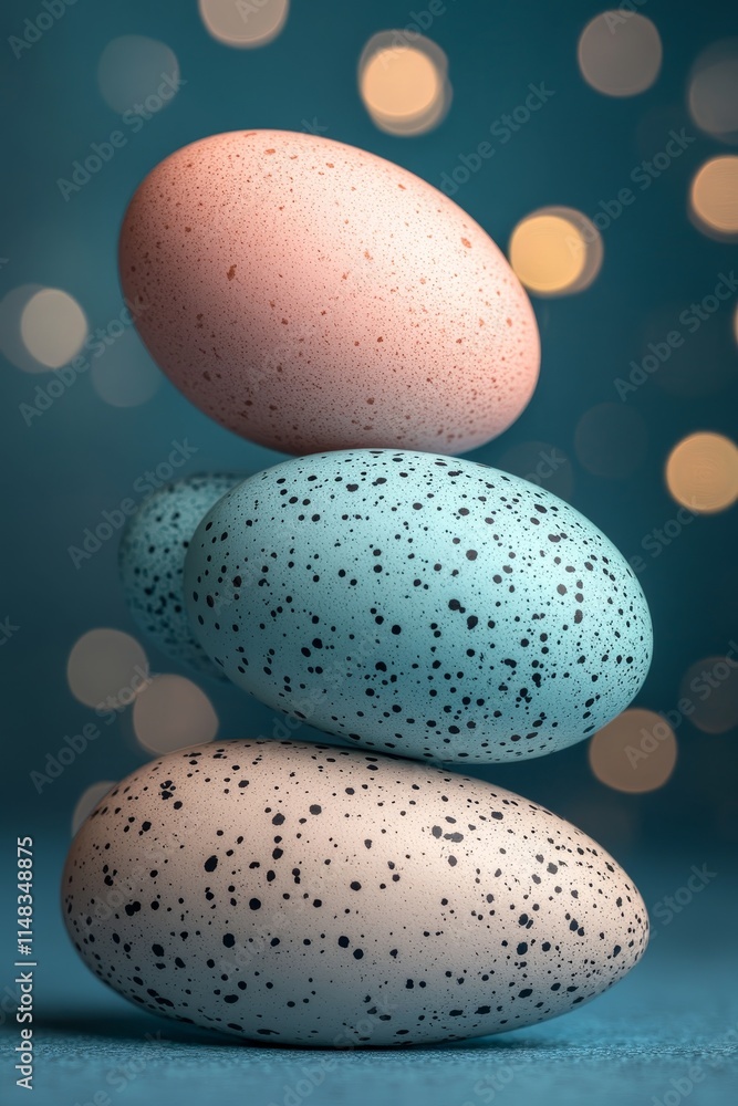 Poster stack of pastel speckled easter eggs in a balanced composition on a textured background with bokeh