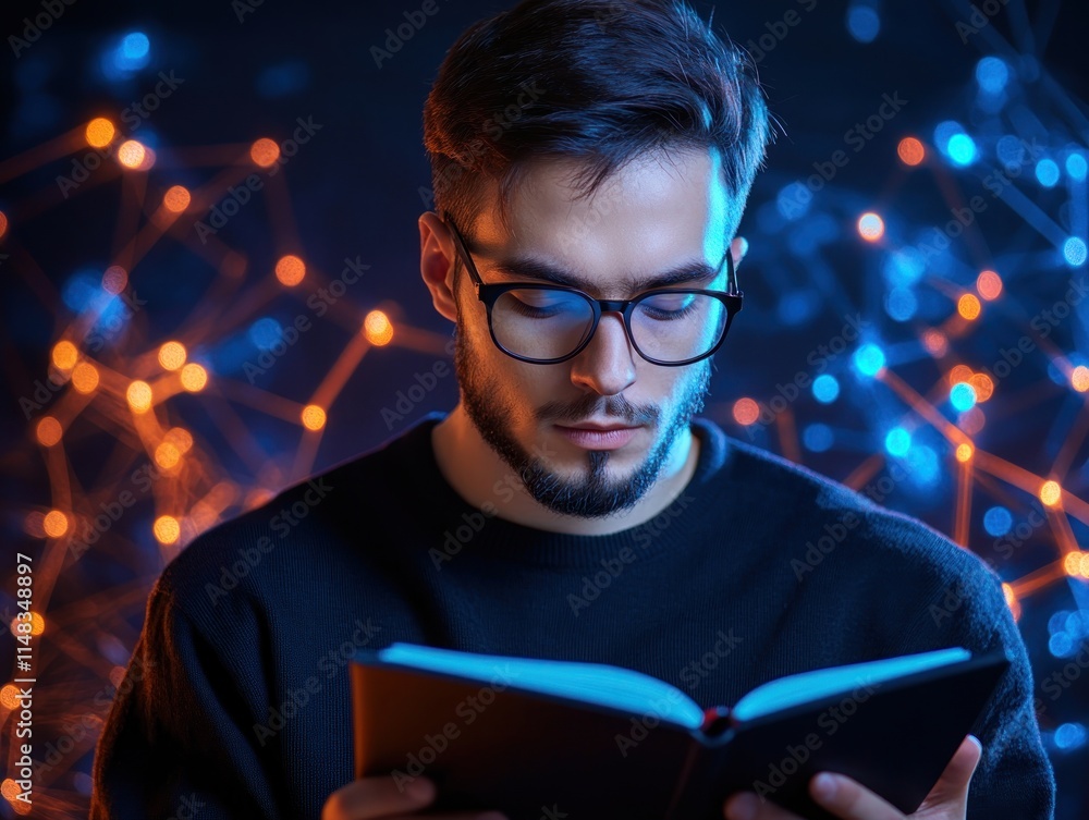 Aufkleber a man is shown writing in a notebook, focusing on strategy and innovation with tech gadgets around, 