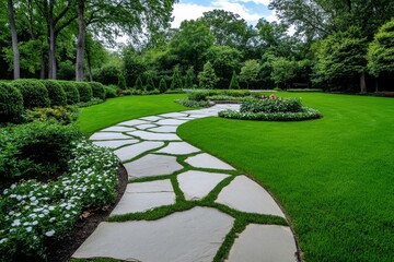 A backyard garden with a children play area, surrounded by soft grass, flowers, and small shrubs