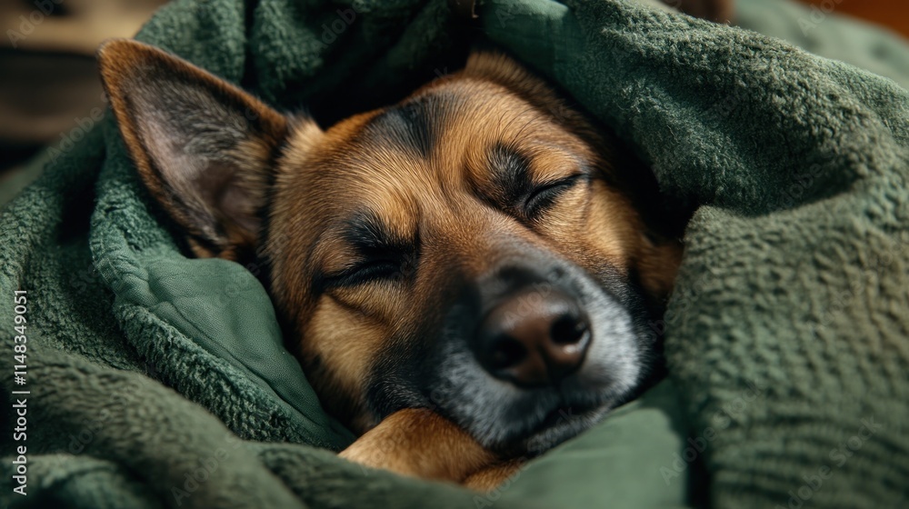 Aufkleber a peaceful and gentle sleeping dog rests under a soft blanket, its content expression enhanced by th