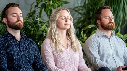 Three colleagues meditating in a peaceful office setting.
