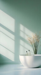 A serene bathroom scene featuring a minimalist tub and decorative plants.