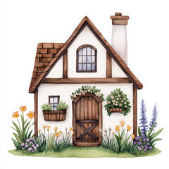 charming watercolor of cozy house surrounded by vibrant flowers, showcasing rustic design with wooden accents and welcoming door