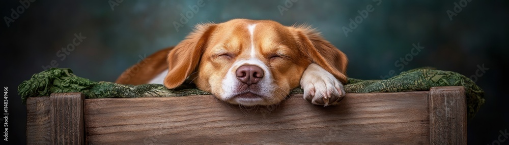 Aufkleber a sleeping beagle dog curled up on a couch, depicted in a serene image with soft light highlighting 