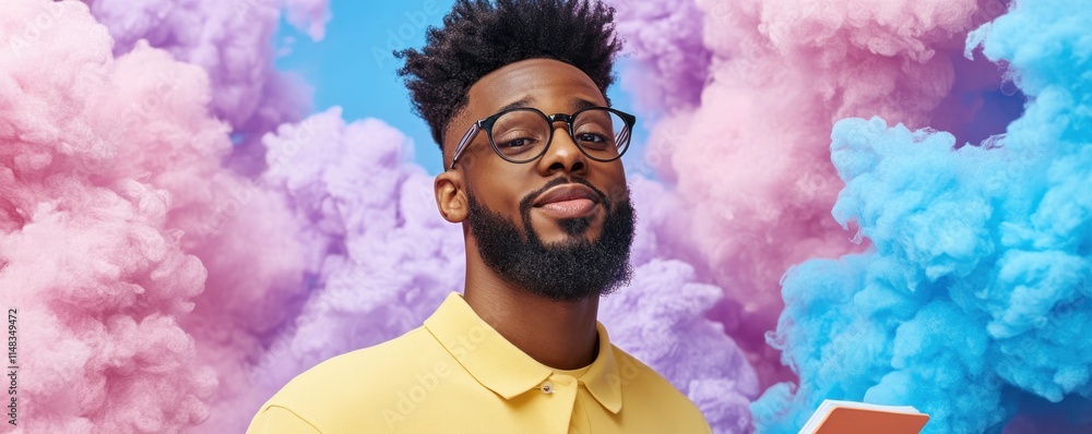 Aufkleber a stylish man with glasses is shown against a backdrop of vibrant colors and abstract patterns, a vi