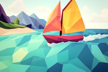 Naklejka premium Polygonal sailboat sailing on a blue sea with mountains and a sky with clouds, for use in a presentation.