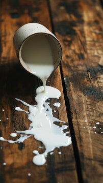 Spilled milk from rustic cup on weathered wooden table
