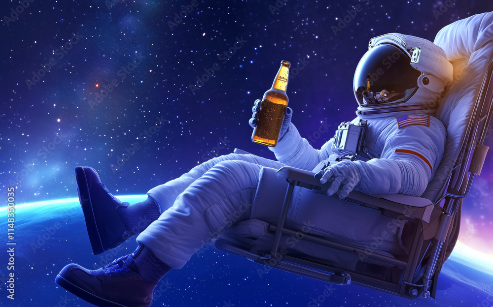 Poster astronaut relaxing in space while enjoying a beverage