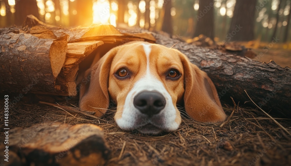 Aufkleber capture a unique dog beagle moment with this image of a beagle lying, not under a wooden table in a 