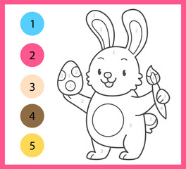 Color by numbers coloring book for kids with cute rabbit with Easter egg. Coloring page with cartoon bunny. Vector illustration.