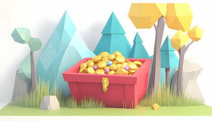Red chest with gold coins and colorful spheres sits in a low poly forest scene with mountains, for a game asset or digital art.
