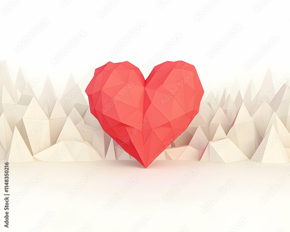 Poster red, low-poly heart with polygonal shapes in the background. possible use digital card or artwork.