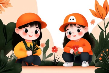A cheerful 2D drawing of a garden scene with children planting flowers, surrounded by bright colors and soft textures