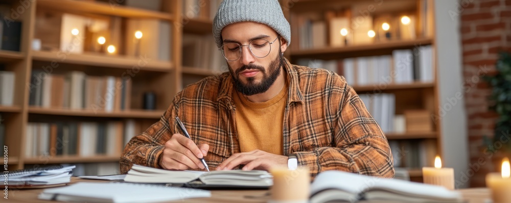 Poster capture the essence of creative work with this image showcasing a man writing notes in a notebook wi