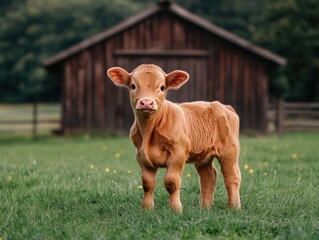 Capture the essence of rural life with this heartwarming image of a Calf standing near a rustic wooden barn door, a fresh perspective on rural warmth This charming photograph showcases the simple