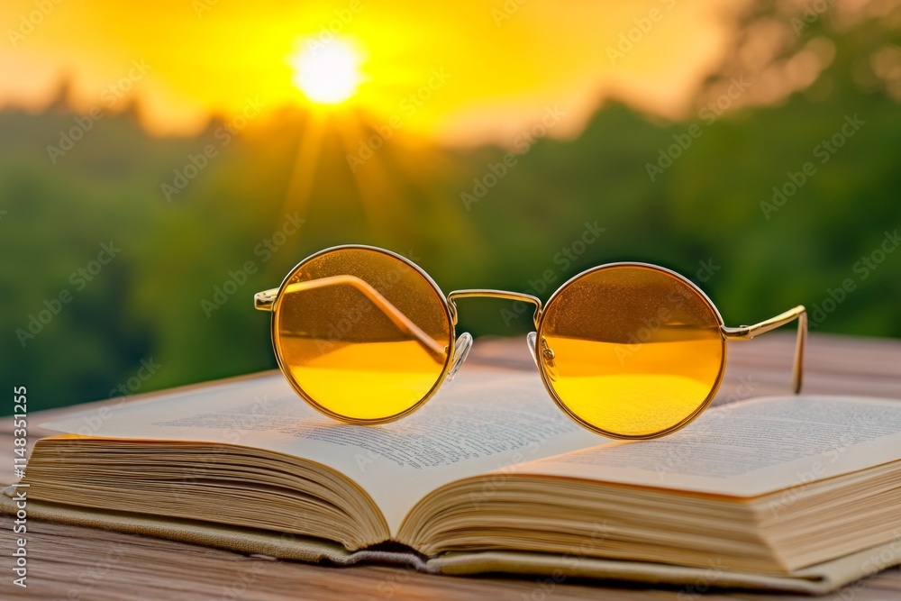 Poster a close-up of a pair of vintage round glasses resting on an open book, with sunlight streaming throu