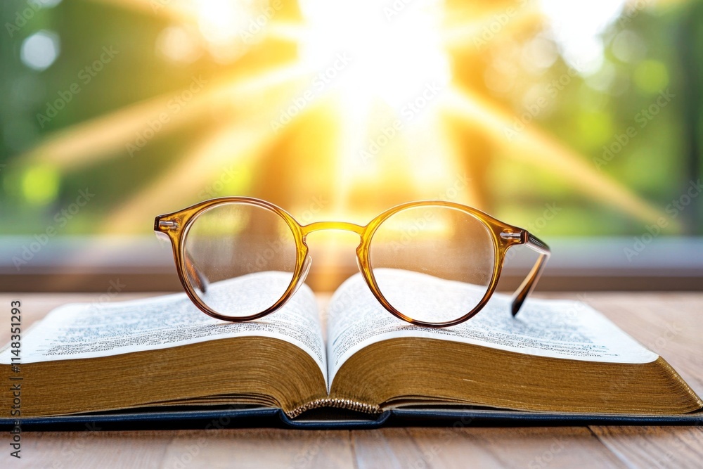 Poster a close-up of a pair of vintage round glasses resting on an open book, with sunlight streaming throu