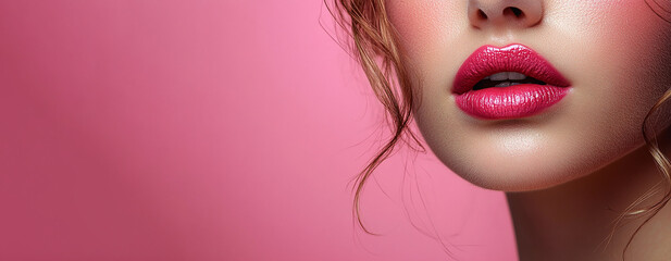 Obraz premium Women's lips on a solid fuchsia background.