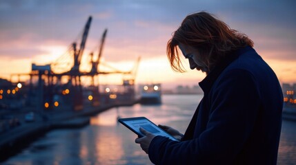 Male with long hair using a tablet by the waterfront at sunset, cranes in the background.