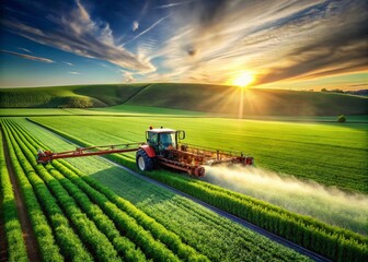 Fototapeta premium Spring Agriculture: Tractor Spraying Insecticide on Lush Green Field - Seasonal Farming