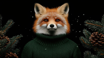Obraz premium Santa Animal concept. Cute fox in knitted Christmas sweater surrounded by pine branches