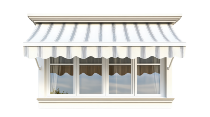 Classic window awning with scalloped edge over reflective glass