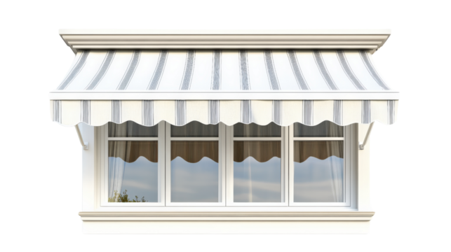 Classic window awning with scalloped edge over reflective glass