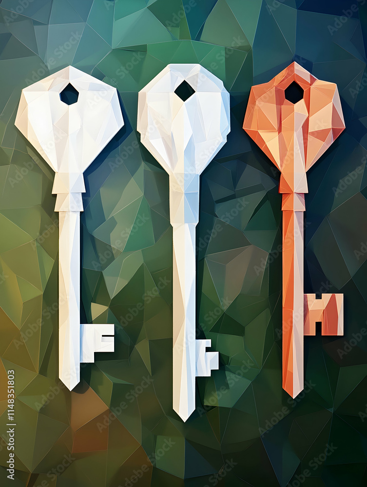 Poster three polygonal keys on geometric background; solution, choice, access concept; website, app design.
