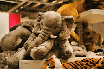 Soft colorful plush toys in the form of animals are sold in a children's toy store. Adorable elephants, tigers and lions - African animals.