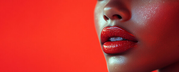 Women's lips on a solid fuchsia background.