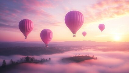 Fototapeta premium Pink Hot Air Balloons Soar Above Misty Mountains at Sunrise, Serene Landscape with Breathtaking Views