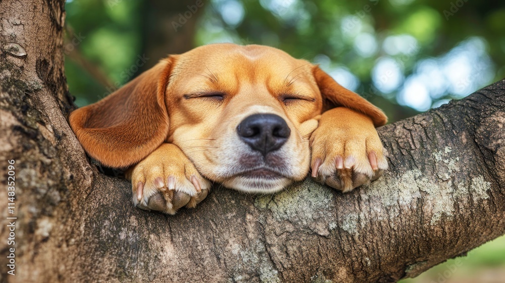 Aufkleber discover a peaceful scene of a lazy beagle lounging under a tree with its eyes gently closed, showca