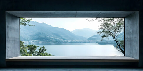 A serene view of mountains and a lake through a modern architectural window.