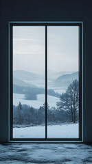 Naklejka premium A serene winter landscape viewed through a large window, showcasing snow-covered hills and trees.