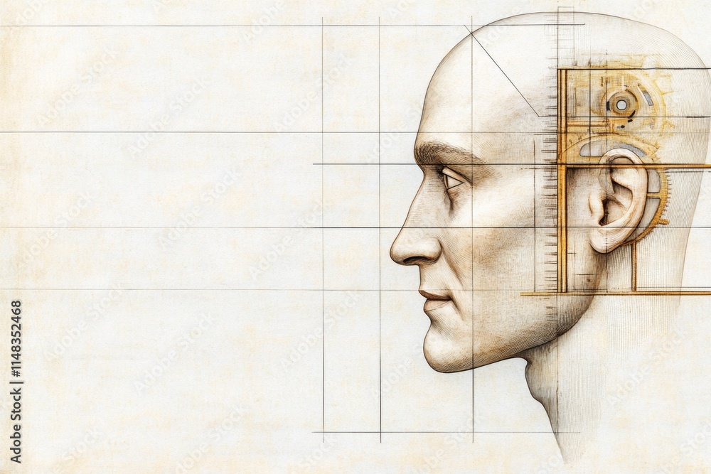 Poster A conceptual design of a head divided into geometric sections, with gears neatly positioned in one quadrant, all in muted tones