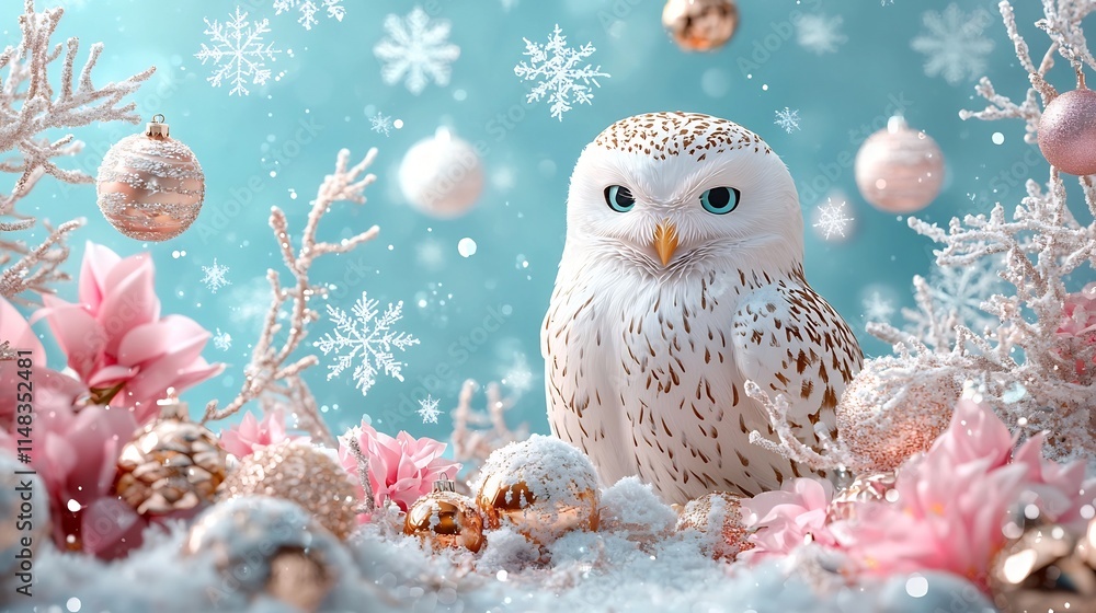 Poster mesmerizing image of a snowy owl surrounded by floating christmas baubles and shimmering snowflakes 