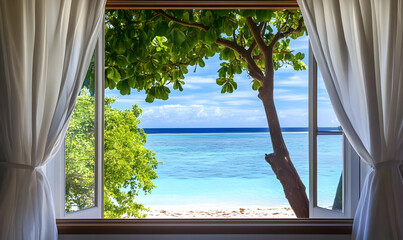 Fototapeta premium A serene beach view framed by a window with lush greenery and calm waters.