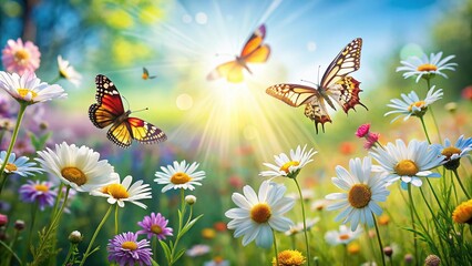 Spring Meadow Butterflies Daisies, Colorful Spring Flowers, Butterfly Meadow, Daisy Field, Springtime Nature Photography