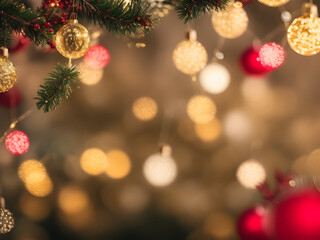 Obraz premium 빛을 반사하는 금색과 은색으로 아름답게 제작된 크리스마스 장식품 클로즈업. 부드럽고 흐릿한 홀리데이 조명을 배경으로 프리미엄, 축제 분위기, 우아한 분위기를 선사합니다.