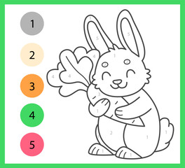 Color by numbers coloring book for kids with cute rabbit with carrot. Coloring page with cartoon bunny. Vector illustration.
