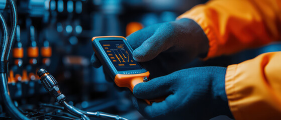technician in bright orange jacket uses digital device to monitor machinery, showcasing precision and expertise in technical environment